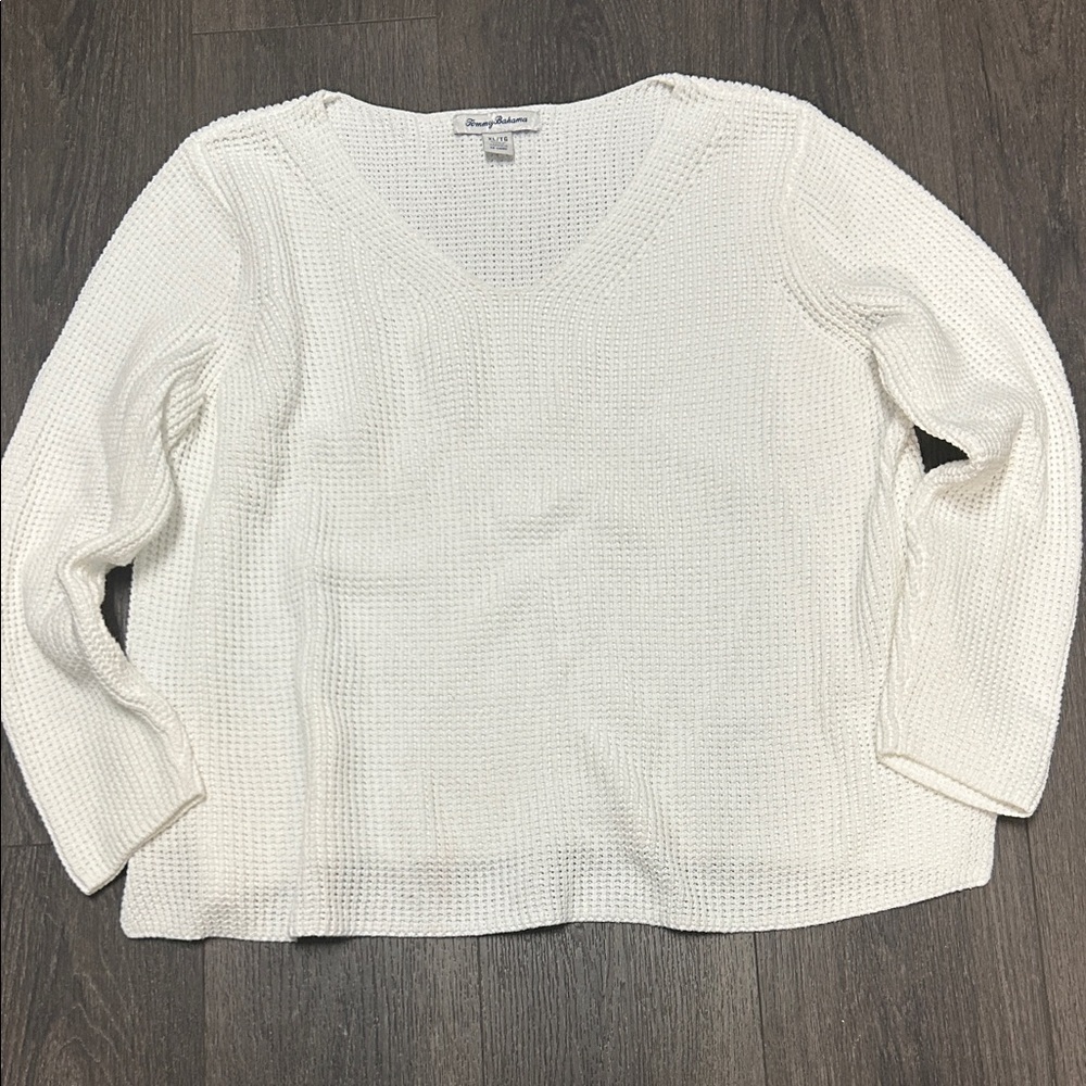Tommy Bahama White Loose Stitch V Neck Sweater